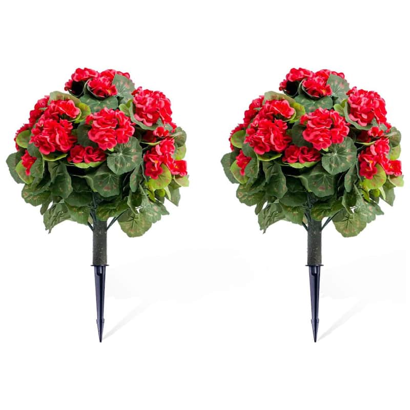 Set of 2 Artificial Topiary Ball Trees with Metal Stakes with Begonia Flowers - 2 pcs - Red