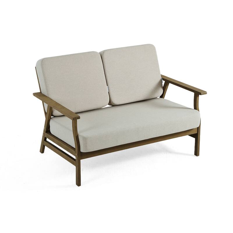Modern Wood Cushioned Outdoor Patio Sofa Loveseat with Coffee Table