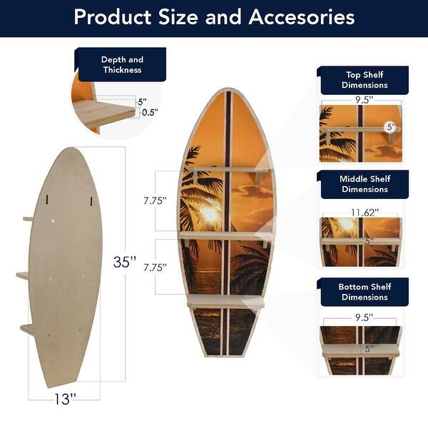 dimension image slide 0 of 4, American Art Decor Surfboard Wall Shelf Coastal Beach Themed Decorative Wall Art Storage for Home or Office