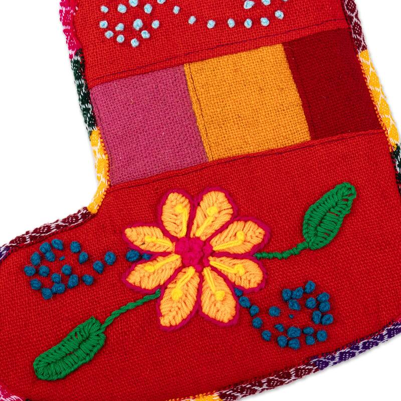 Novica Handmade Christmas With Flowers Embroidered Christmas Stocking