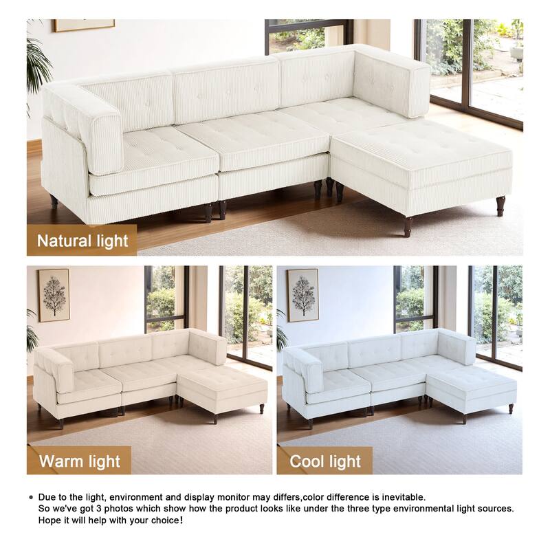UIXE 4 - Piece Corduroy Sectional Sofa with Flip-Top Storage Ottoman Coffee Table