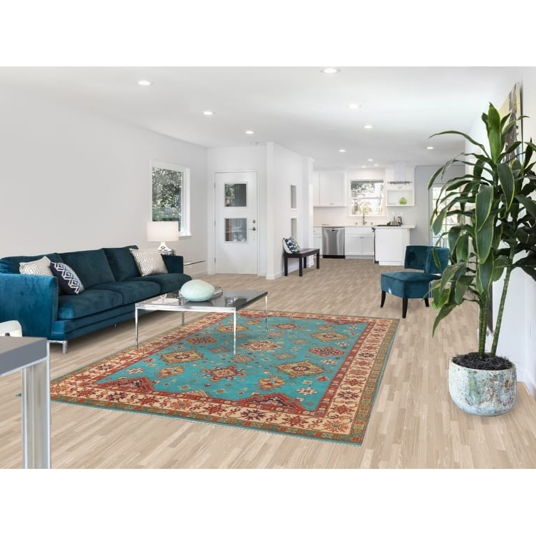 Turquoise Blue Kazak Oriental Area Rug Handmade Wool Carpet - 6'0"x 8'11"