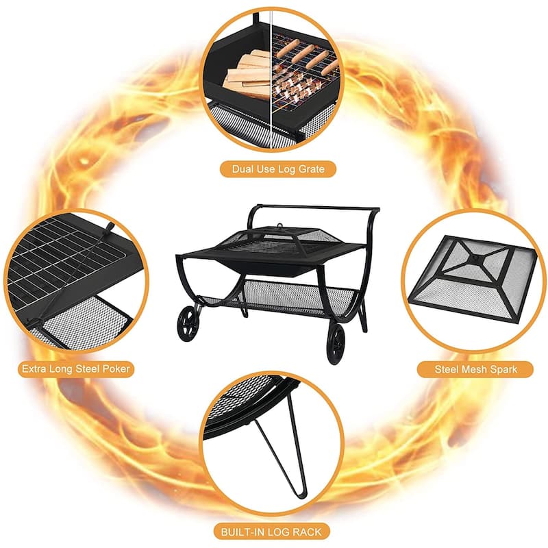 Patio Fire Pits Outdoor with Wheels and 27" Steel Square Firepit BBQ Grill