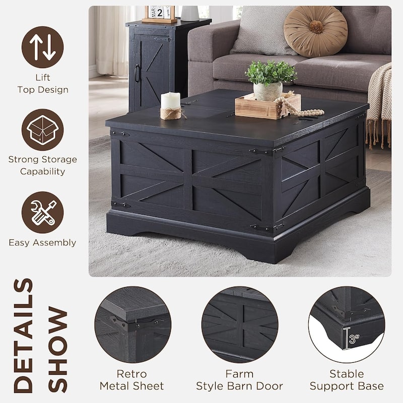 Farmhouse Lift Top Coffee Table with Storage, Wood Square Center Table