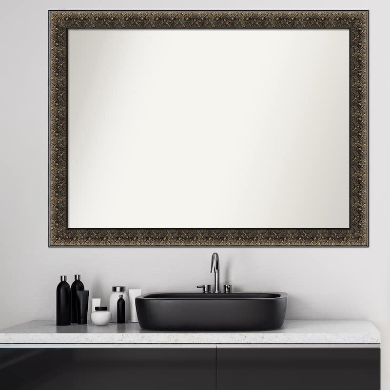 Non-Beveled Wood Bathroom Wall Mirror - Intaglio Embossed Black Frame