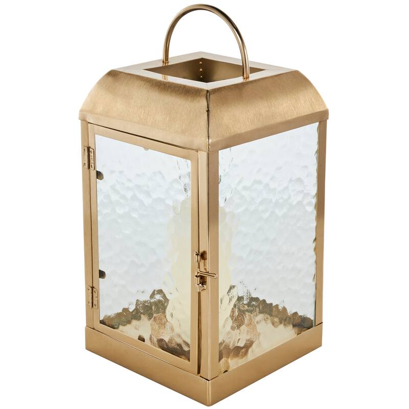 Gold Metal Indoor Outdoor Candle Lantern with Pebbled Glass