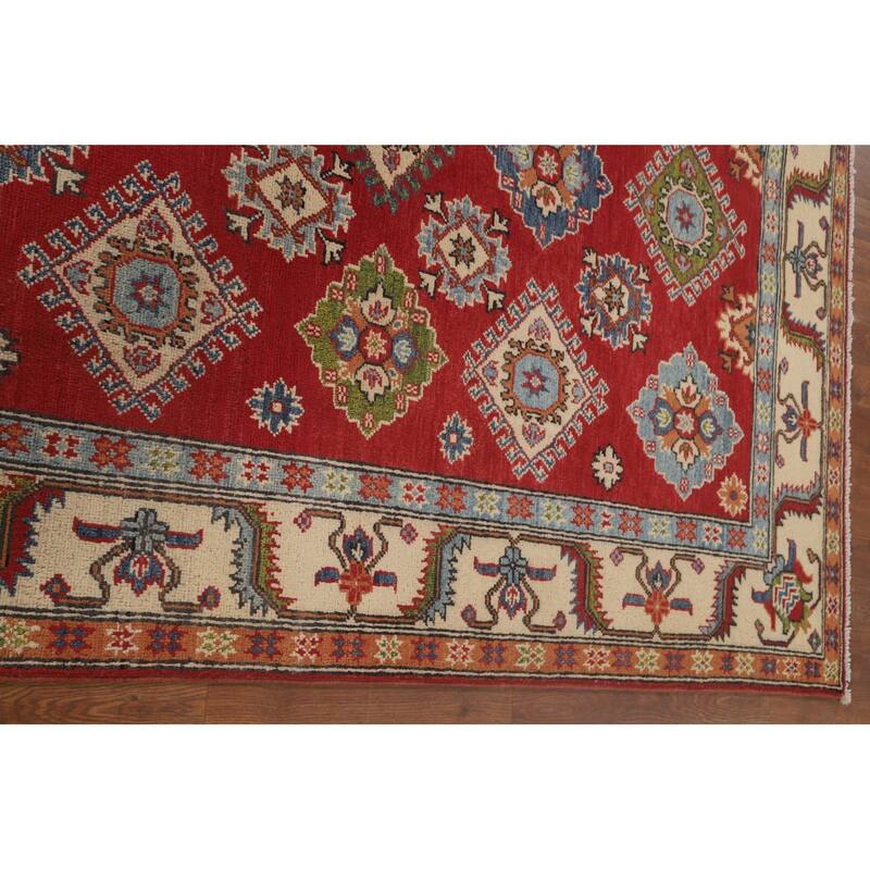Red Geometric Kazak Area Rug Handmade Wool Carpet - 5'2" x 6'8"