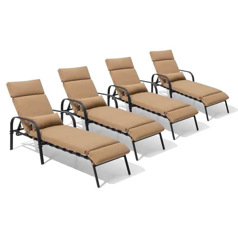 Outdoor Cushioned Adjustable Chaise Lounge Chairs Patio Pool Loungers - Tan - 4PC