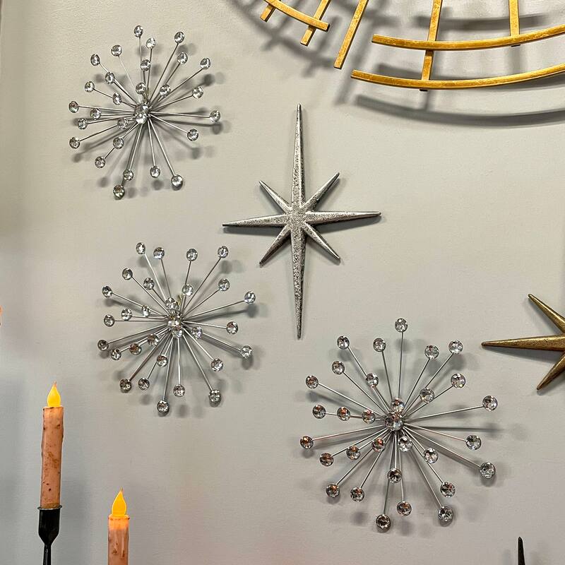 Set Of 6 Silver Starburst Jeweled Metal Decorative Wall Art Hangings