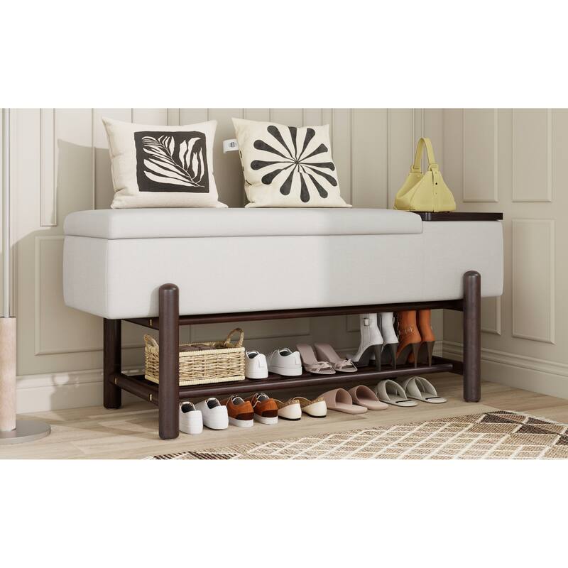 Roomfitters Modern Entryway Bench, Upholstered Storage Seat, Shoe Organizer Shelf, Hallway Furniture