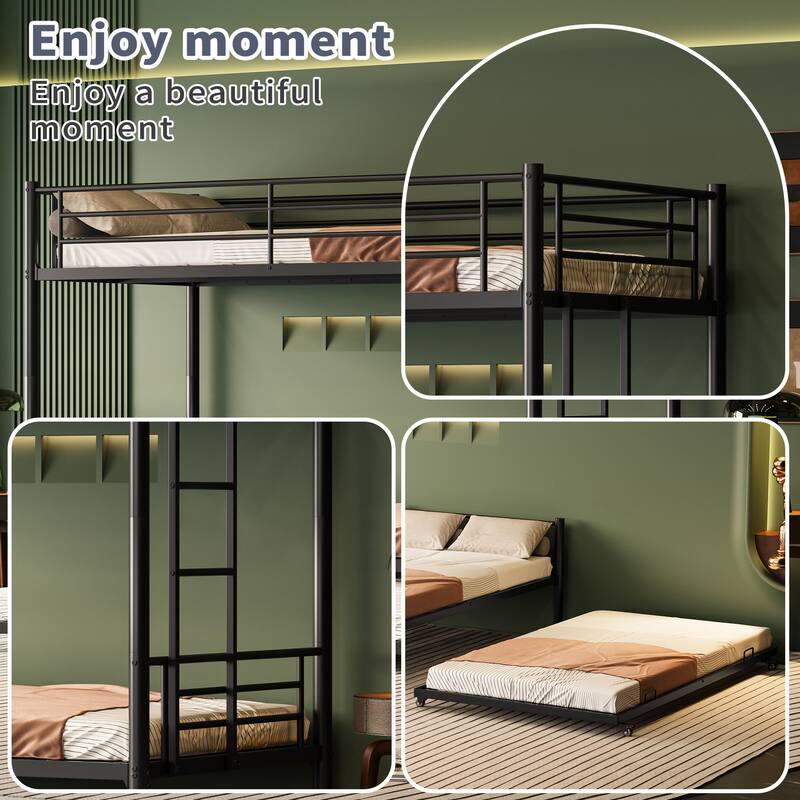 Twin Over Twin Metal Bunk Bed with Trundle, Convertible 2-in-1 Design, Non-Slip Ladder and Safety Rails
