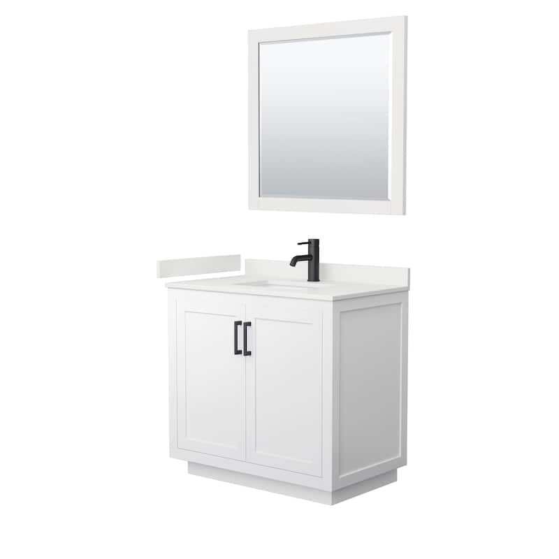 Miranda 36-inch Single Vanity, Quartz Top, 34-inch Mirror - White, Black Trim, White Quartz Top
