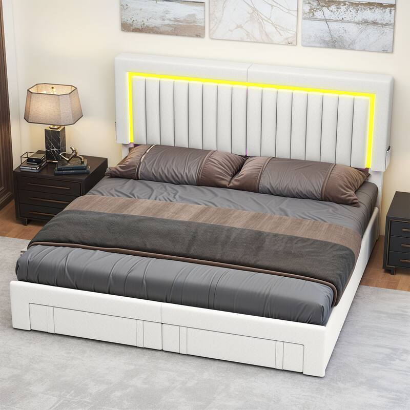 Moasis Velvet Upholstered Platform Bed, Bed Frame with Adjustable Headboard and 4 Storage Drawers - White - King