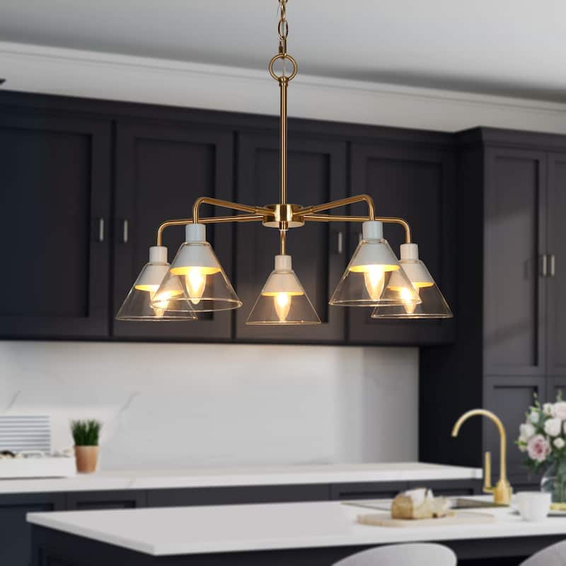 Seticy Modern Wagon Wheel Chandeliers with Accent White Gold Shaded Cone Glass for Dining Room - D 25" x H 21.5"