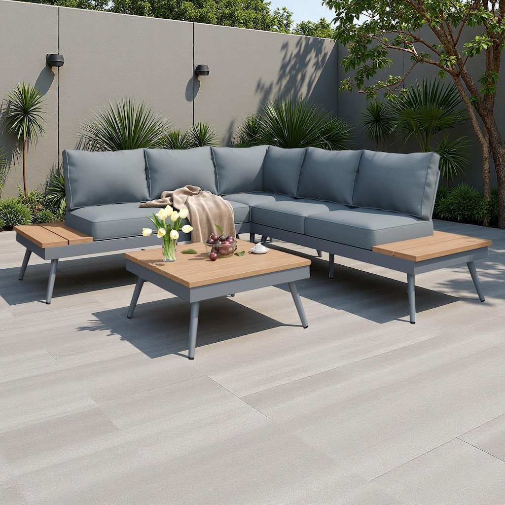 94.5" Outdoor Patio Aluminum L-Shaped Sectional Sofa Set with Coffee Table and Side Table