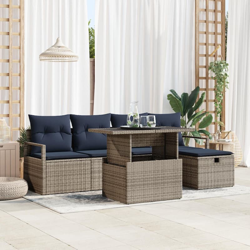 vidaXL 6 Garden Sofa Set with Cushions Black/Brown/Grey Poly Rattan - 90.6 x 46.1 x 27.2 - Grey