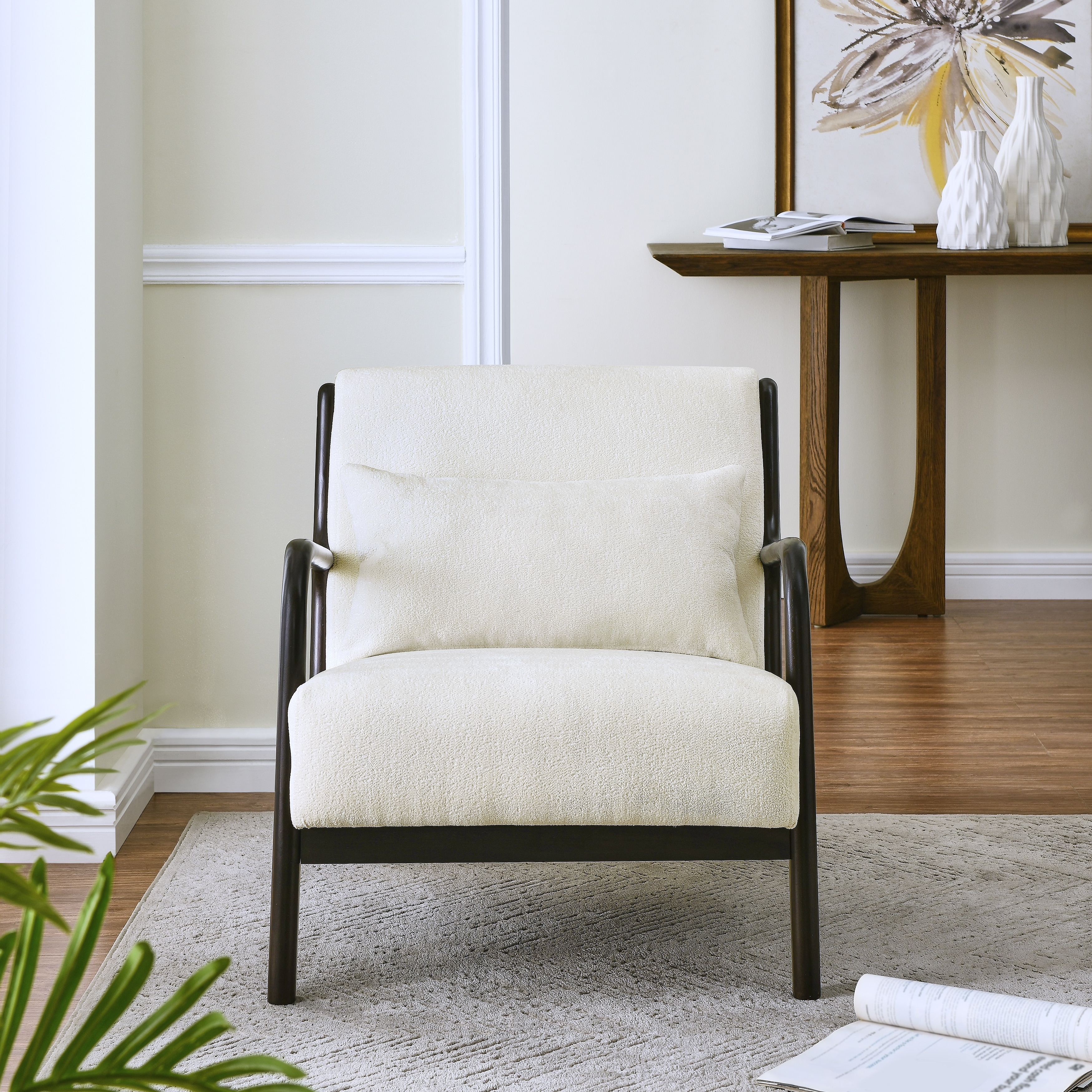 Accent Chair Side Chair Padded Chair with Removable Lumbar Pillow, White Black Reading Chair Arm Chair Leisure Chair