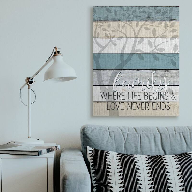 Stupell Family Begin and End Quote Tree Wood Grain Blue Tan Phrase Canvas Wall Art
