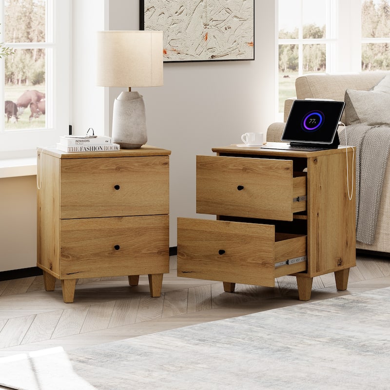 WAMPAT End Table with Charging Station and 2 Drawer for Living Room