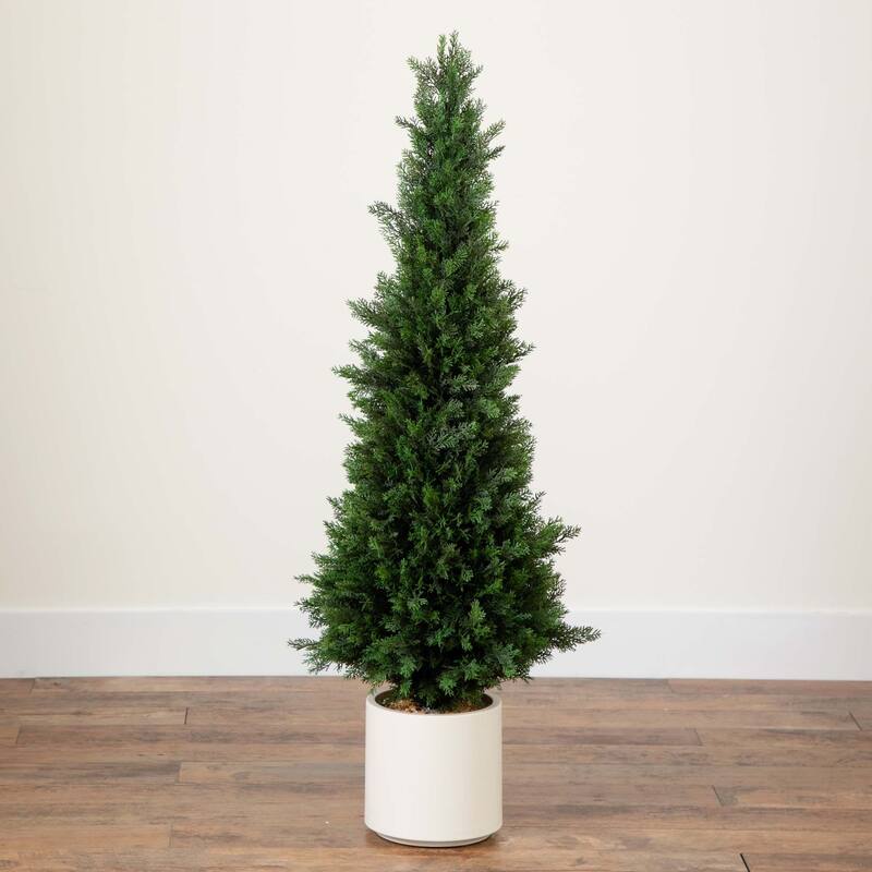 Potted Cedar Artificial Tree with White Planter - 4' - Green