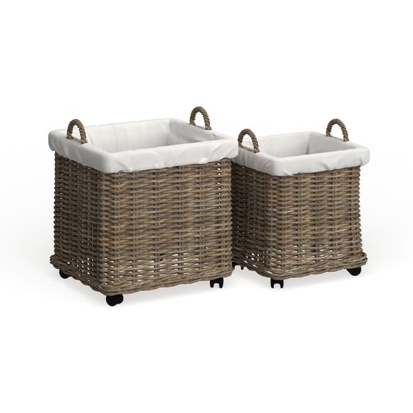 slide 2 of 11, SAFAVIEH Amari Rattan Square Baskets With Wheels (Set Of 2) - 23.6" x 23.6" x 21.6" Brown