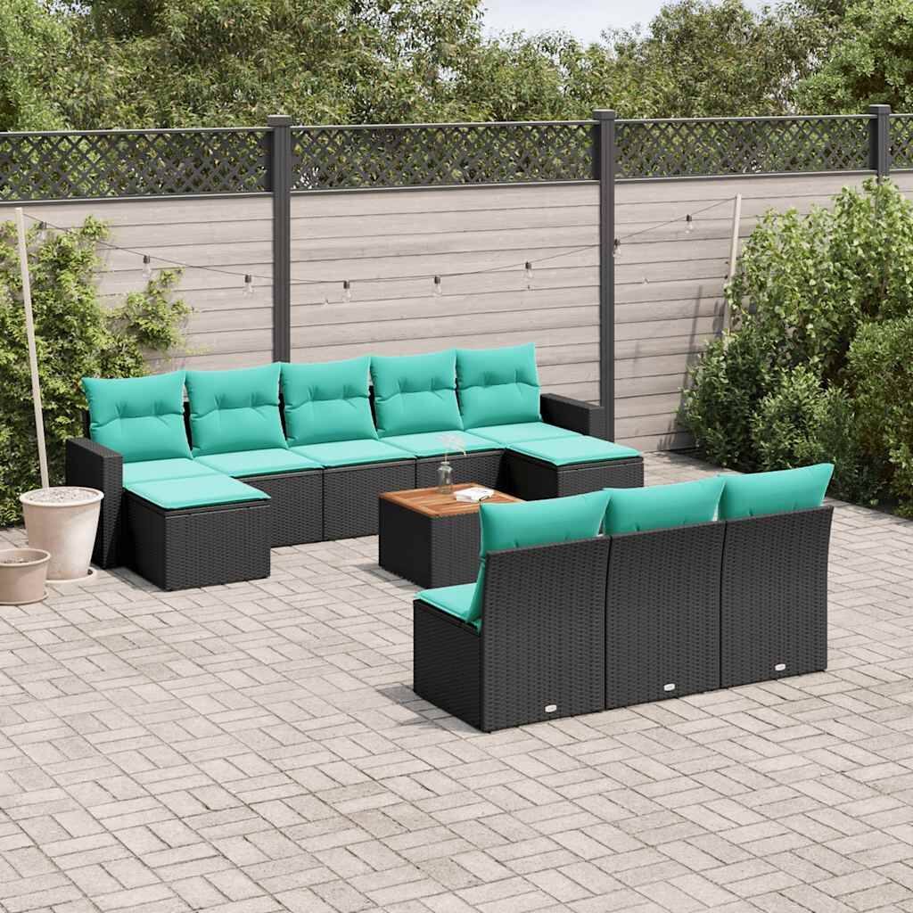 vidaXL 11 Piece Patio Sofa Set with Cushions Black Poly Rattan - 21.7 x 24.4 x 27.2
