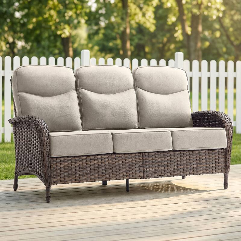 Pocassy Outdoor Wicker Patio Sofa with Anti-slip 6 In Cushions - Brown Wicker Beige Cushion - Only 3-Seat Sofa