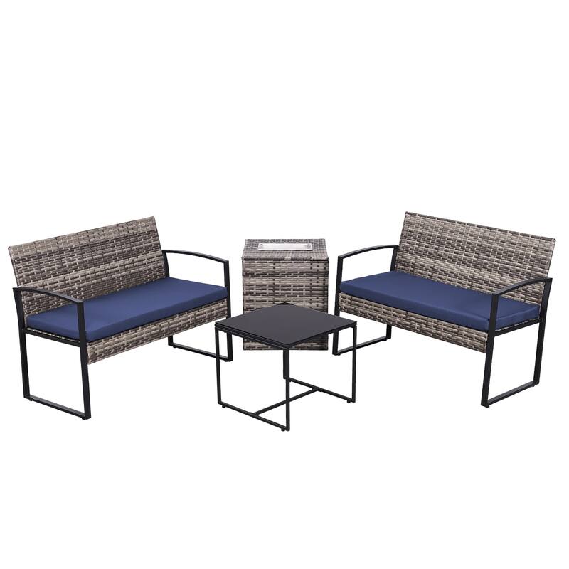 4 Piece Outdoor Sectional Sofa with Built-In Ice Bucket Storage, Rattan Patio Sectional Set with Washable Cushions