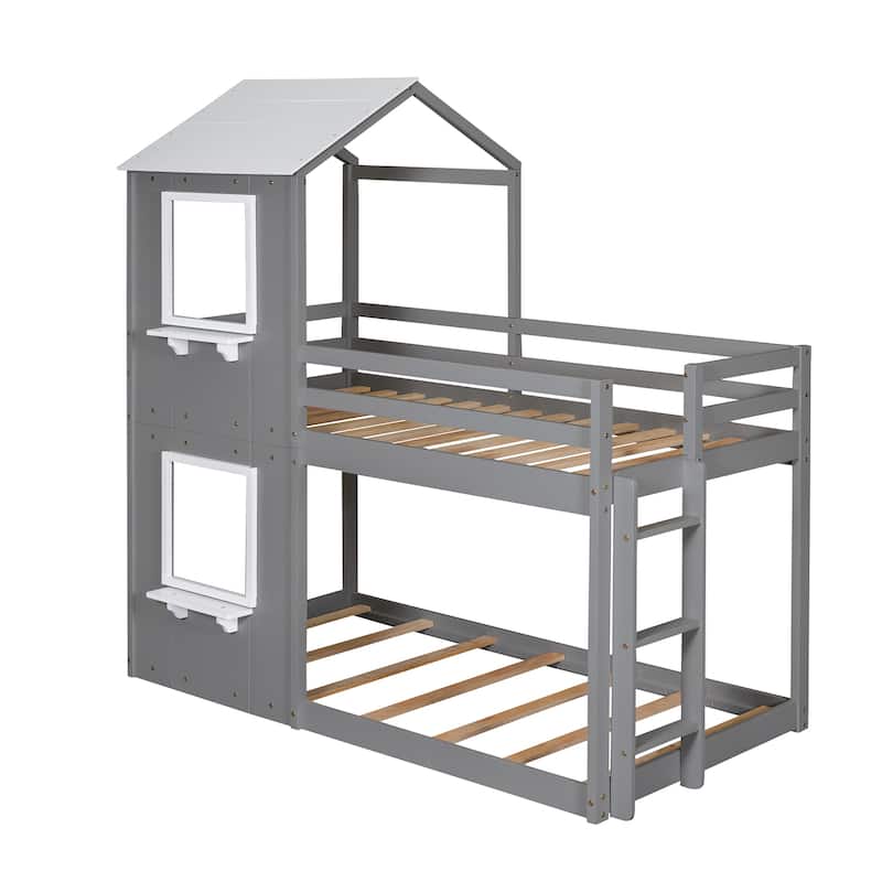 Twin Over Twin Bunk Bed Wood Bed with Roof, Window, Guardrail, Ladder