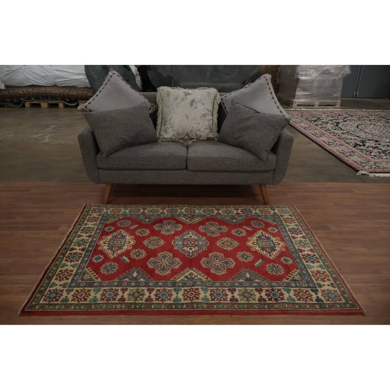 Hand Knotted Oriental 100% Wool Carpet Traditional Geometric Red Kazak Area Rug - 5' 9'' X 4' 0''