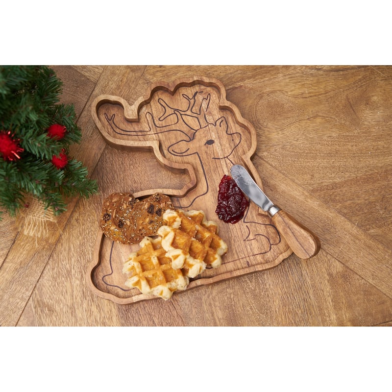 Reindeer Shaped Wooden Serving Board with Spreader 10.75 x11.00-in.