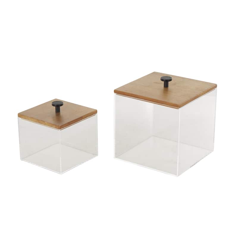 Acrylic Plastic Box with Brown Wooden Lids and Black Knobs - Set of 2 - Roche River Decor