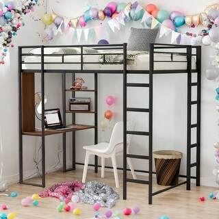 Twin Size Loft Bed With 2 Shelves And 1 Desk,2 Built-in Ladders for Home