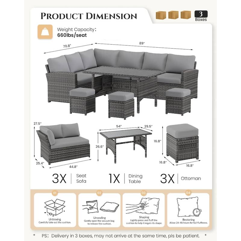 AECOJOY 7-Piece Outdoor Patio Wicker Sectional Sofa with Dining Table