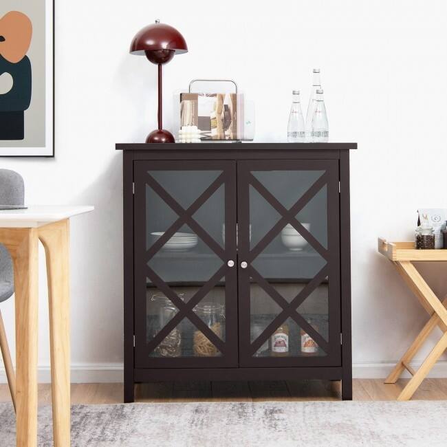 Buffet Cabinet with Tempered Glass Doors & Adjustable Shelves for Kitchen - 35.5" x 15.5" x 38" (L x W x H)