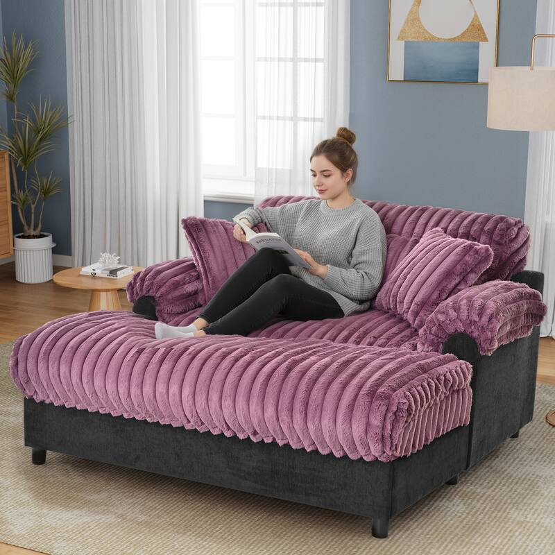 Modern Oversized Chaise Lounge Sofa for Living Room, 65.25" Cloud Sleeper Sofa Plush Faux Fur Sofa Couch with 2 Pillows