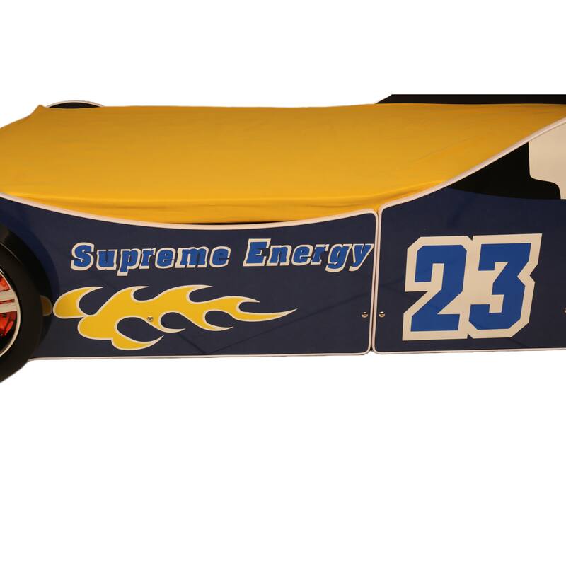 Race Car Twin Floor Bed with LED Headlights and Guardrails MDF Frame