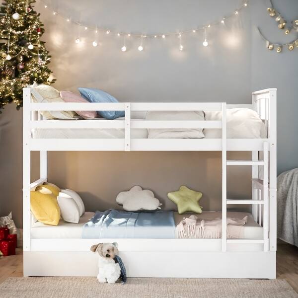 slide 2 of 13, Classic Traditional Style Twin over Twin Bunk Bed with Ladder White