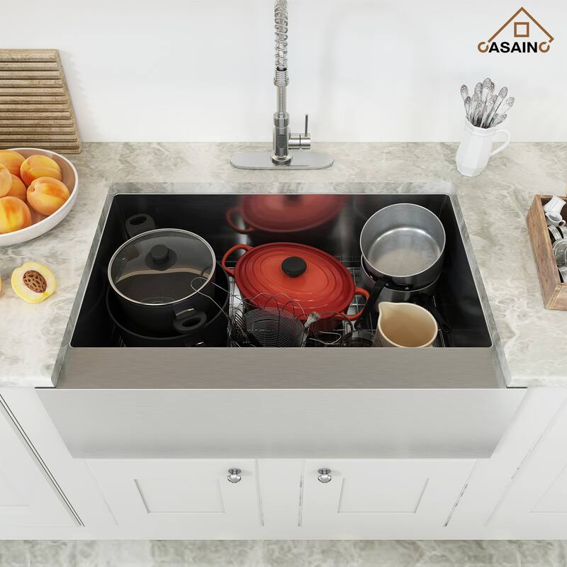 33 in. Farmhouse/Apron-Front Single Bowl 18 Gauge Brushed Stainless Steel Kitchen Sink with Bottom Grid and Strainer