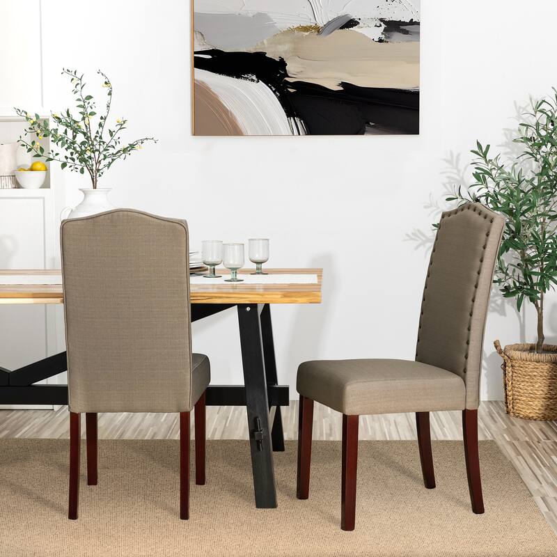 Glitzhome Modern High Back Linen Upholstered Dining Chairs with Adjustable Footpads - Set of 2 - Tan