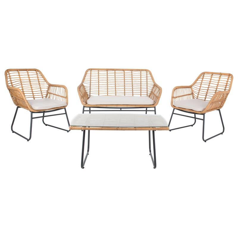 SAFAVIEH Outdoor Valery Rattan 4-Piece Patio Set - 46W x 32D x 32H - Natural/Beige