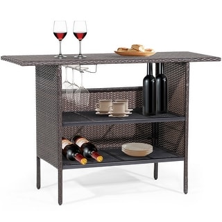Costway Patio Rattan Wicker Bar Height Counter Table Storage Shelf