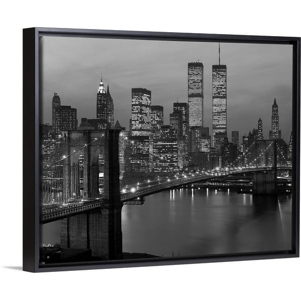 1980 S New York City Lower Manhattan Skyline Brooklyn Bridge World Trade Center Black Float Frame Canvas Art Overstock
