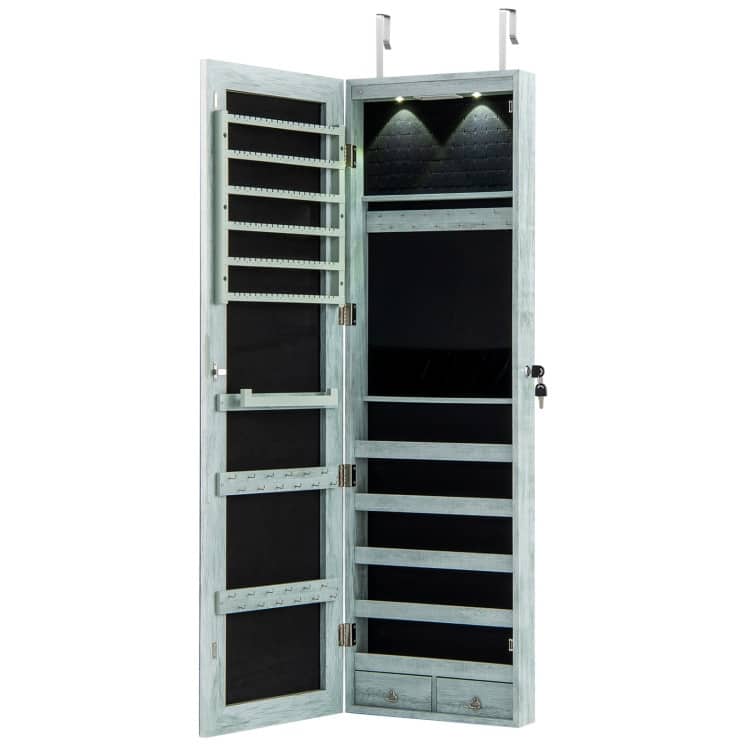LED Lights Wall and Door Mounted Jewelry Storage Lockable Cabinet with Full Length Mirror - 14" x 4" x 54.5" (L x W x H) - Navy