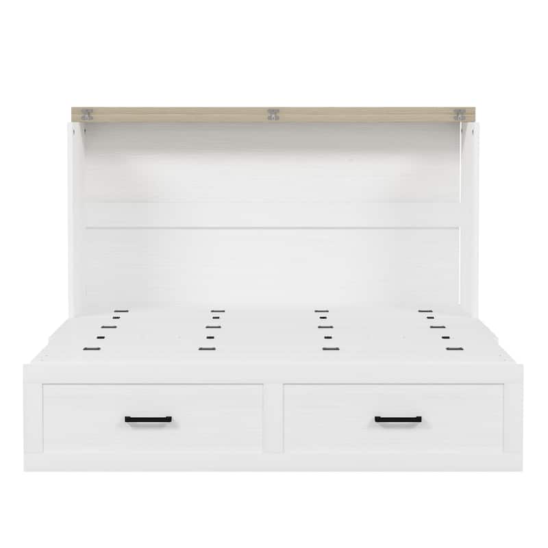 Full/Queen Size Pull Out Murphy Bed Frame, Wood Foldable Platform Cabinet Bed with Charging Station and Large Storage Drawers
