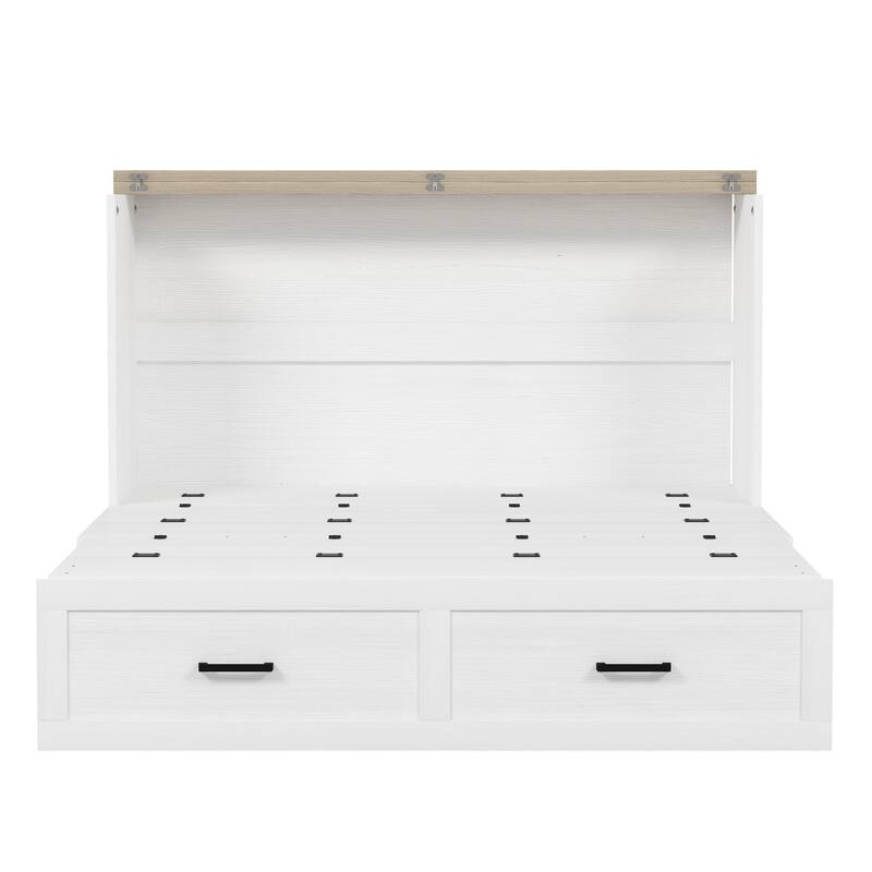Queen Size Cabinet Bed with Charging Station, Foldable Platform Bed with Large Storage Drawer for Guest-Room, Small Bedroom