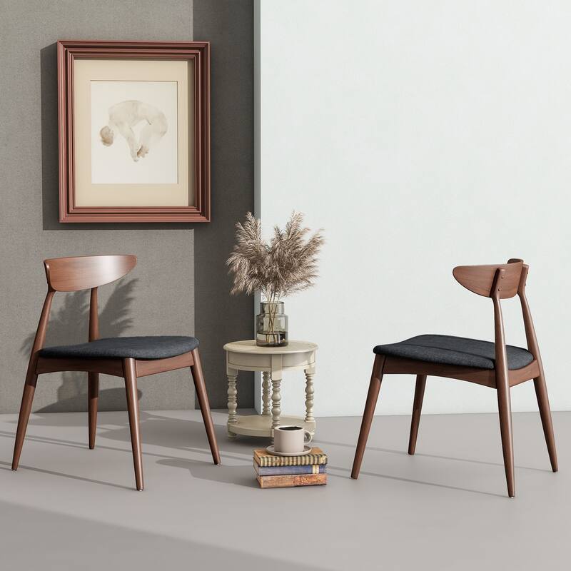 Set Of 2 Retro Rubberwood Chairs With Ergonomic Back & Plush Cushions - Charcoal+Walnut