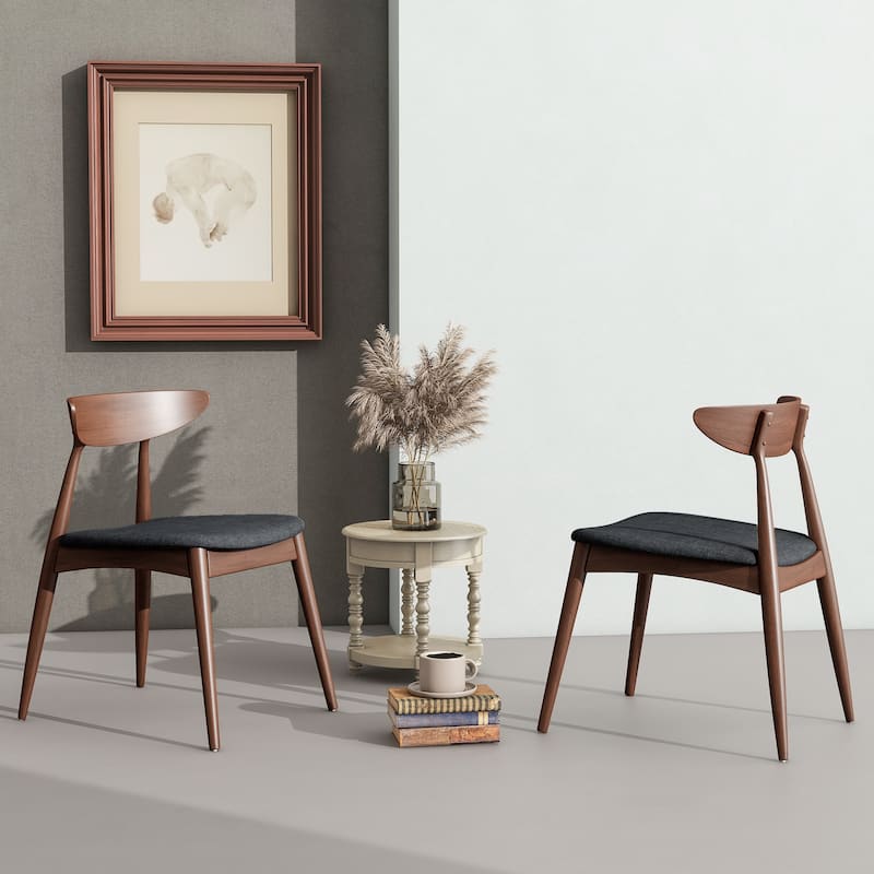 Set of 2 Retro Rubberwood Chairs with Ergonomic Back & Plush Cushions - Charcoal+Walnut