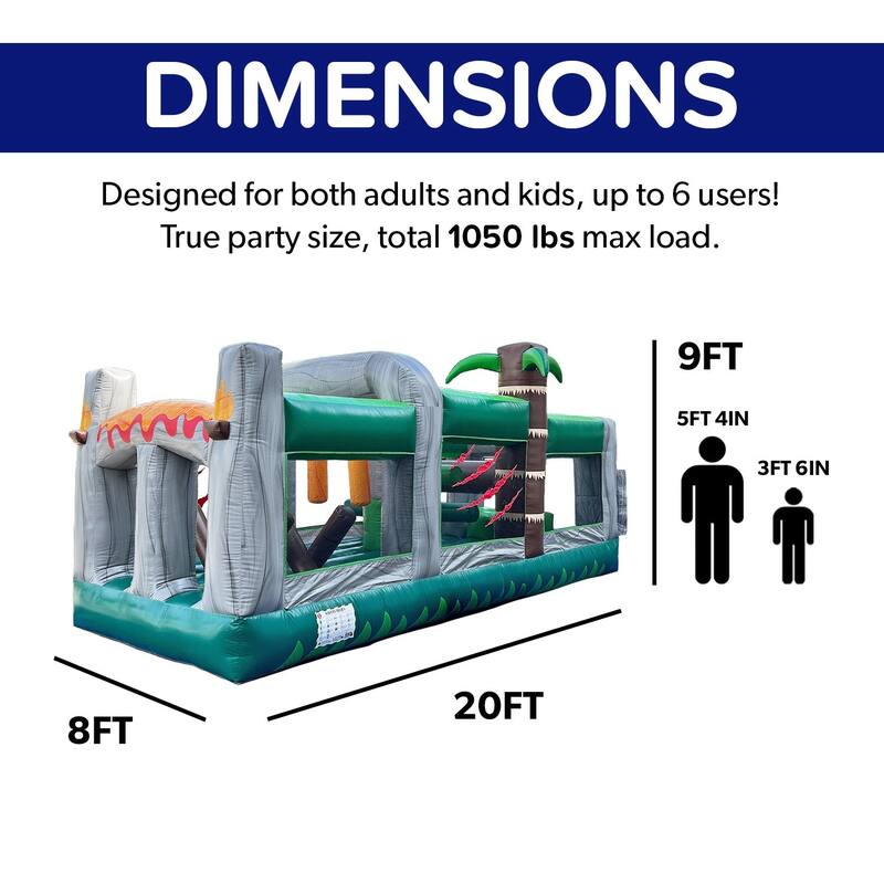 HeroKiddo T-Rex Adventure 20' Inflatable Obstacle Course, Commercial Grade PVC Vinyl, for Kids and Adults, with Air Blower