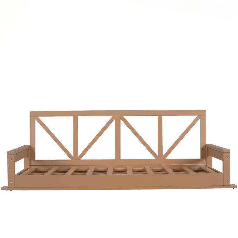 Durable Acacia Wood Twin Size Patio Swing Bed with High Backrest and 16.4ft Hemp Ropes